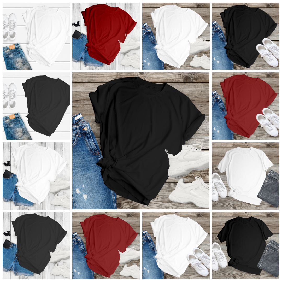 موكاب تيشيرتات – 13 مشهد Flat Lay بجينز وأحذية وخلفيات خشبية