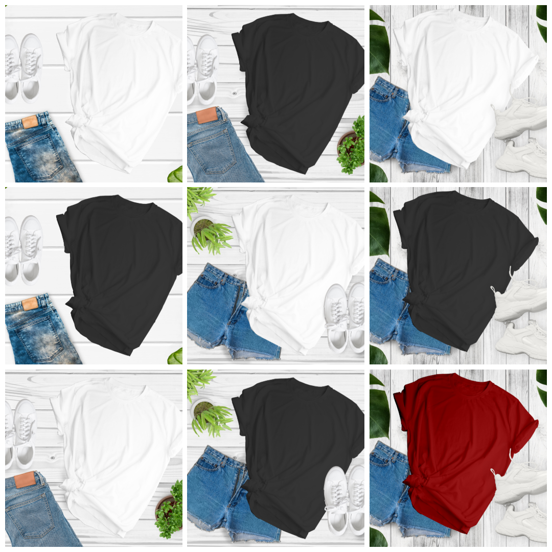 Mockup تيشيرت نسائي بألوان متعددة – 9 لقطات أنيقة Flat Lay بجينز وأحذية