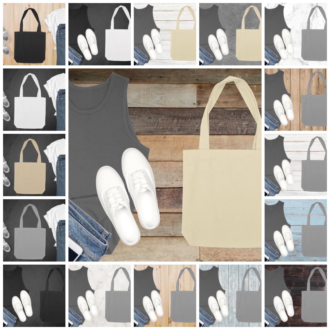 مجموعة موكاب حقائب قماش – 100 مشهد Flat Lay بألوان وخلفيات متعددة