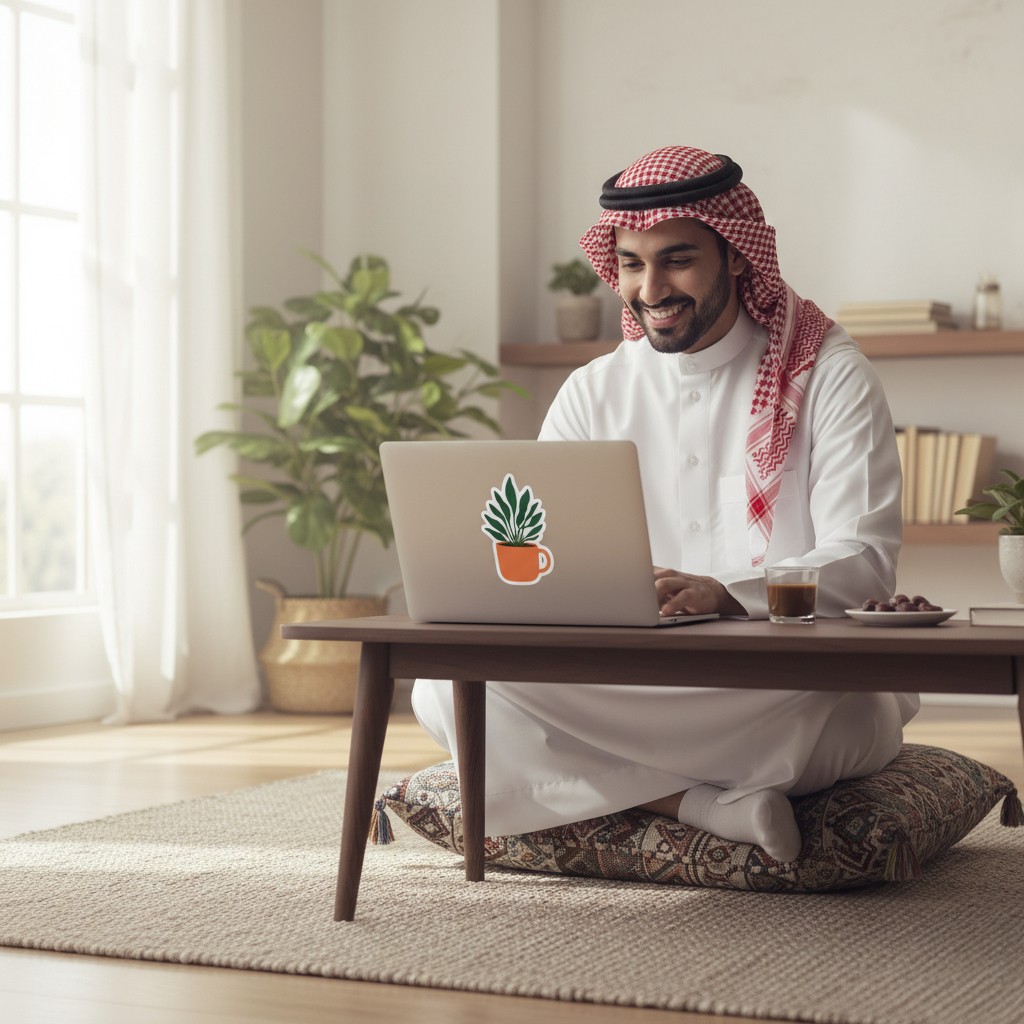 تصميم ستيكر نبات في كوب يزين ظهر اللابتوب بإطلالة طبيعية جذابة